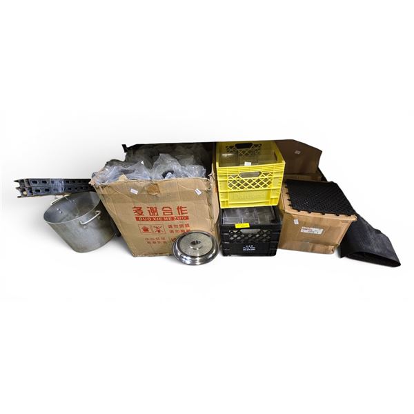 Group of Misc. New Square Flooring Black Mats, Storage Plastic Bins, Stainless Steel Cookware & More