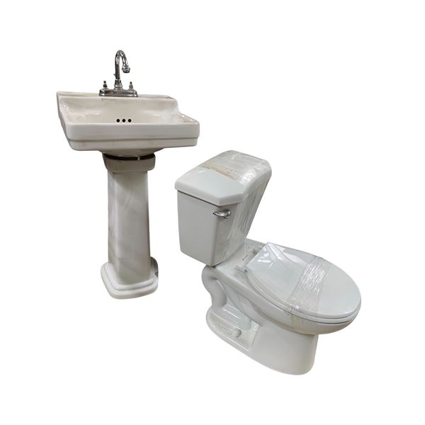 Glacier Bay Toilet (2-pcs), Sink with Faucet and Toto Pedestal