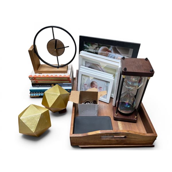 Mixed Home Office Decor - Wooden Tray, Gold Geometric Accent & Hourglass, Desk Clock, Picture Frames