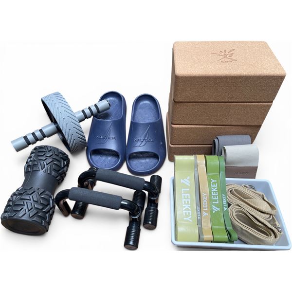 Assorted New Home Gym Fitness Bundle: Nautica Slides, Leekey Bands, Cork Blocks & Accessories