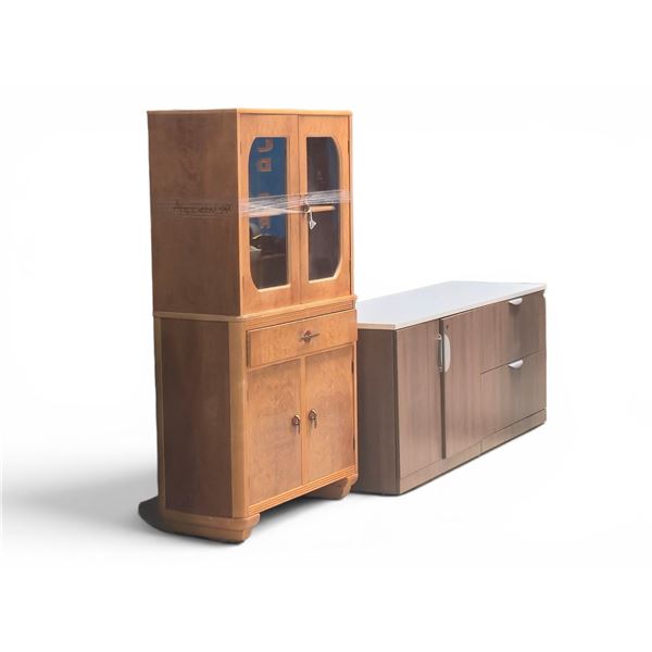 Group of 2 Furniture - includes a Mid-Century Glass Cabinet & Office Dual Storage Cabinet
