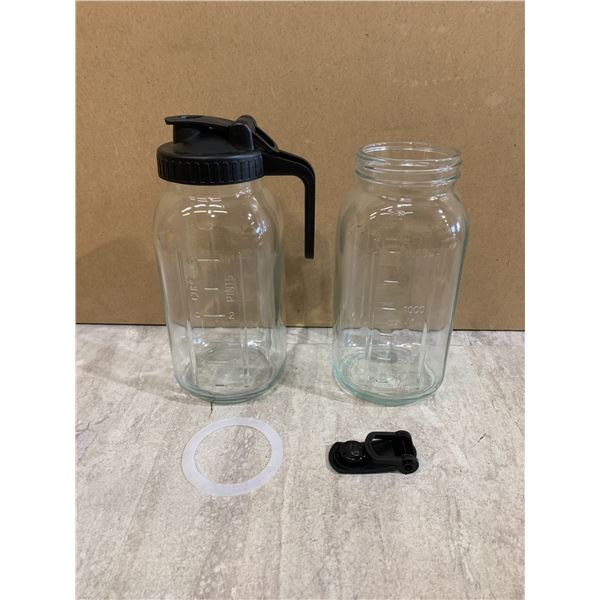 Lot of 2 Glass Pitchers w/ Plastic Lid - One Lid Missing