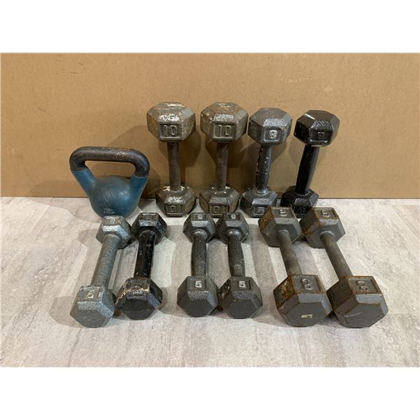 Lot of 10 Cast Iron Free Weights & 1 Kettle Bell
