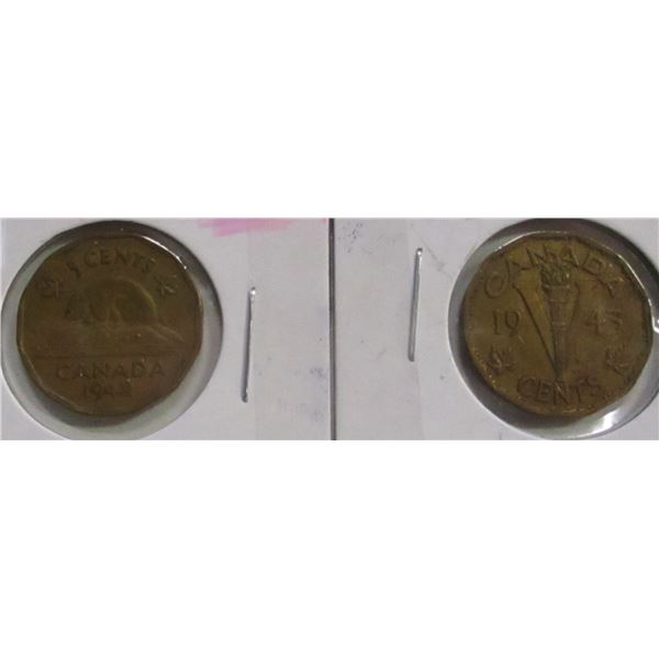 1942 & 1943 CANADA WORLD WAR TOMBAC NICKELS