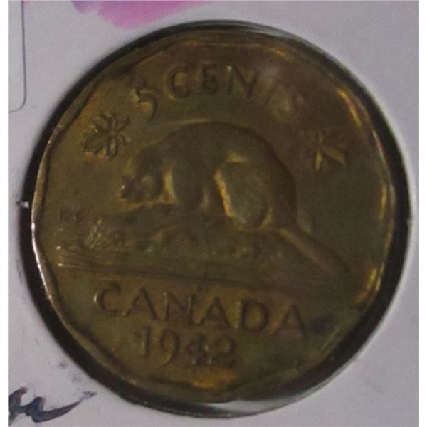 1942 WORLD WAR I CANADA TOMBAC BEAVER NICKELS