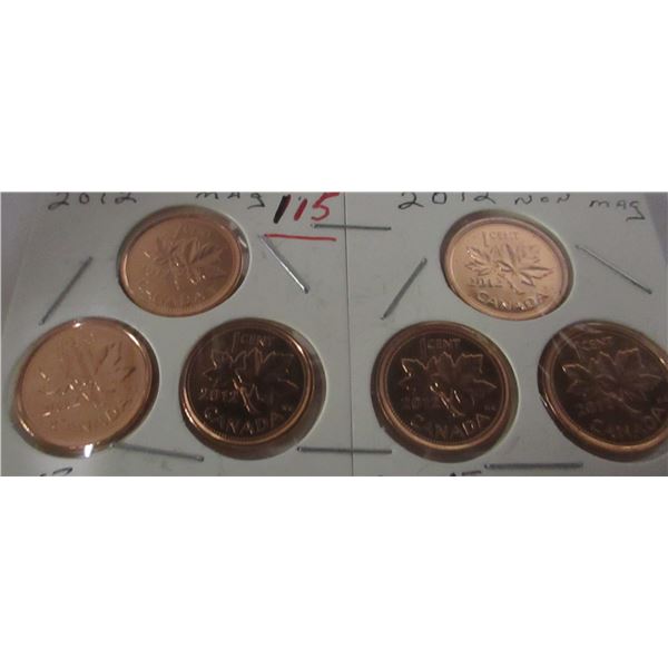 3 - 2012 CANADA MAG PENNIES & 3 - 2012 CANADA NON-MAG PENNIES