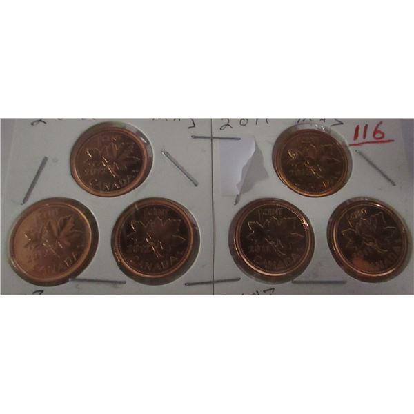 3 - 2012 CANADA NON-MAG PENNIES & 3 - 2011 CANADA MAG PENNIES