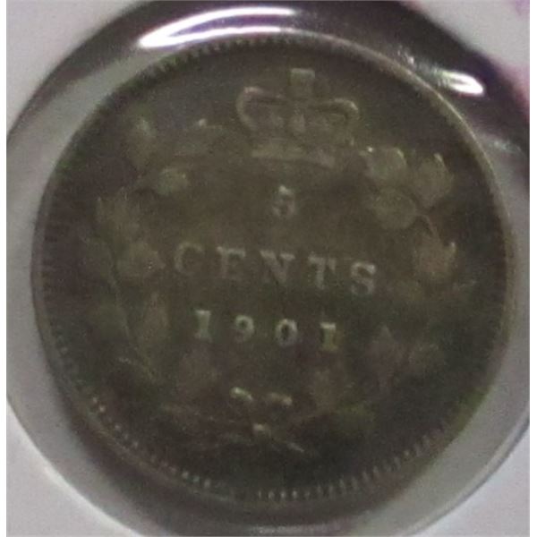1901 CANADA VICTORIAN SILVER FIVE CENT COIN