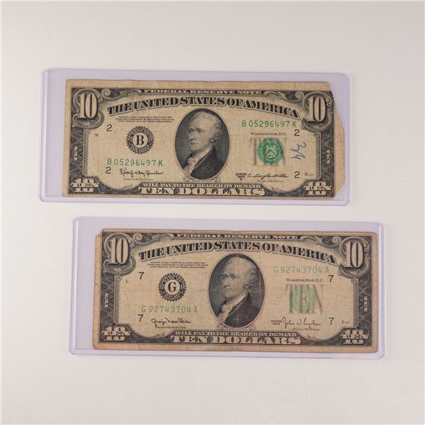 2pc 1950, 1950D U.S. Federal Reserve Ten Dollar Notes