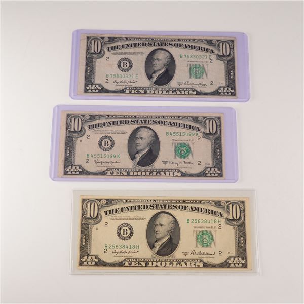 3pc 1950A,B,E U.S. Federal Reserve Ten Dollar Notes