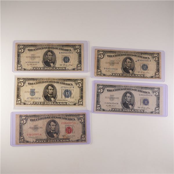 5pc 1934 to 1953 Silver Certificate U.S 5 Dollar Bills