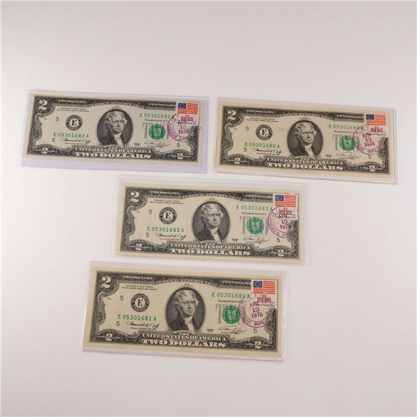 4pc 1976 U.S. Federal Reserve Two Dollar 1st Day Issue, Consecutive Numbers