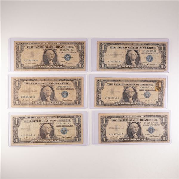 6pc 1957 U.S. Silver Certificate One Dollar Notes