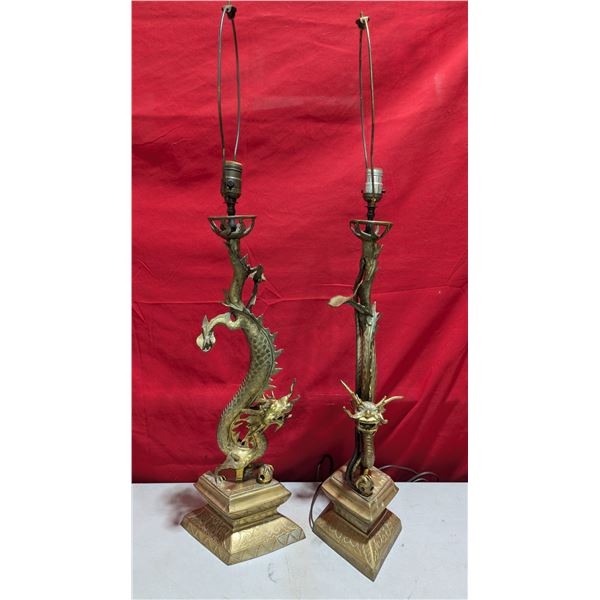 Pair of Asian Brass Dragon Lamps