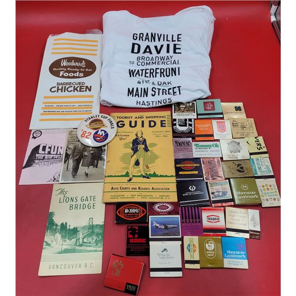 VTG Smalls Lot w/ Matchbooks, Tourist/Shopping Guide, T-Shirt, Woodward's BBQ Chicken Bag, & More
