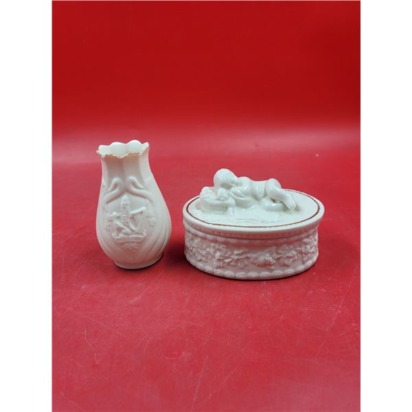 Belleek Porcelain Lot w/ Vase & Lidded Dish Made in Ireland