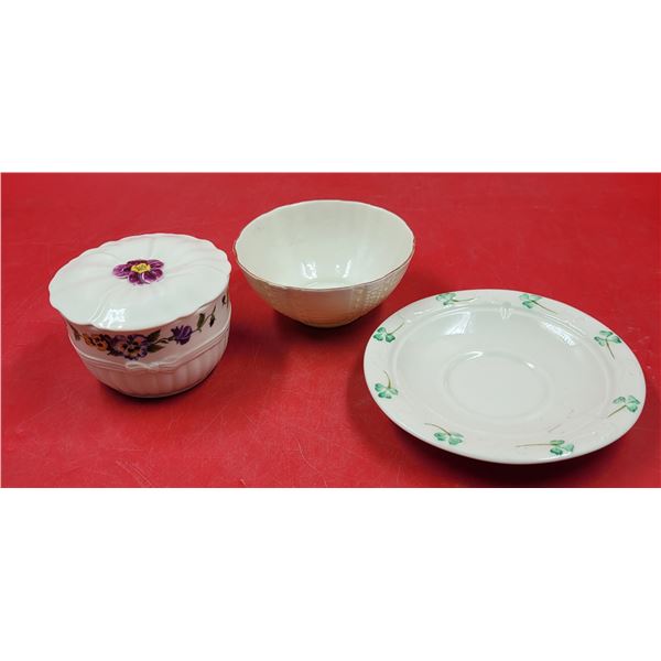 Belleek Porcelain Lot w/ Lidded Dish, Bowl, & Plate Made in Ireland
