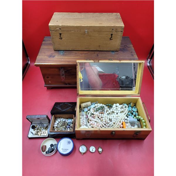 4 Wooden Chests & Assorted VTG Jewelry
