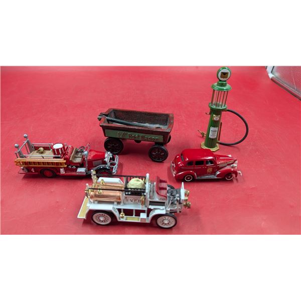 3 Diecast Vehicles (Matchbox, Corgi, etc.), Lil' Red Cast Iron Wagon, & Gas Pump Replica