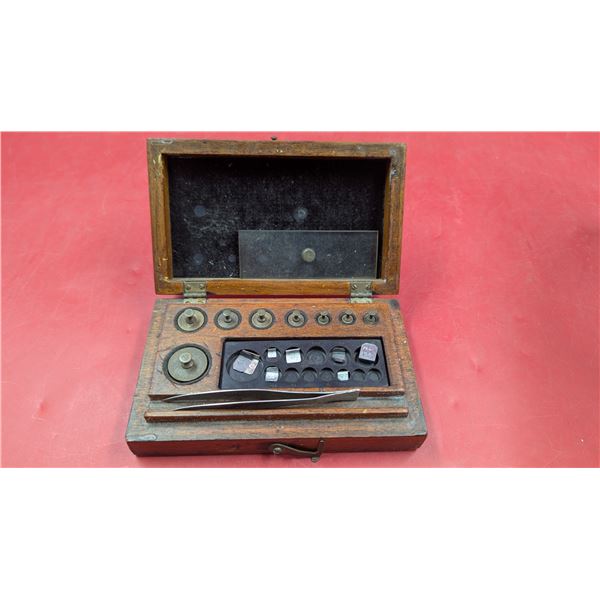 Antique Brass Apothecary Weights w/ Wooden Storage Case