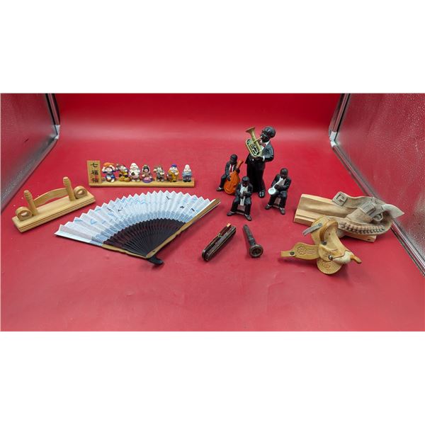 Lot of Decorative Collectibles w/ Jazz Band Figurines, Horse Saddle, Folding Fan, & More
