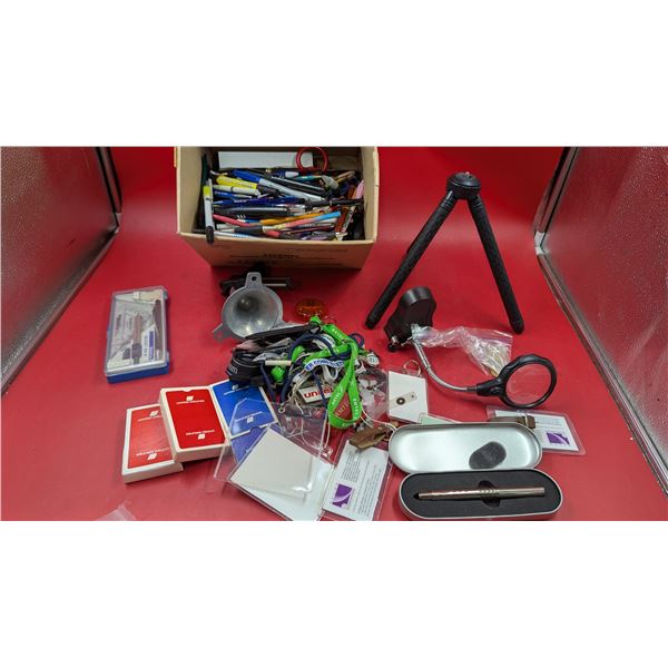Box of Pens/Lanyards & United Airline Playing Cards