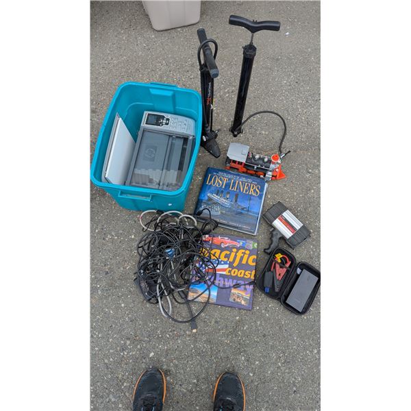 HP printer, Bike pumps, spotlight , car battery booster lot