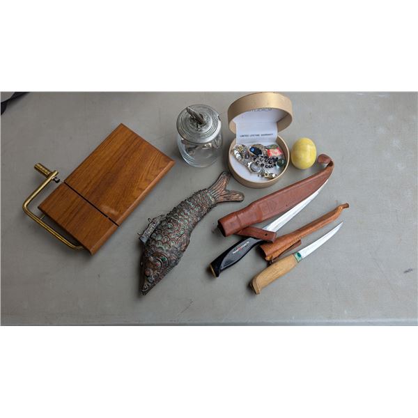 VTG lot,, bendy metal fish, knives and jewelry