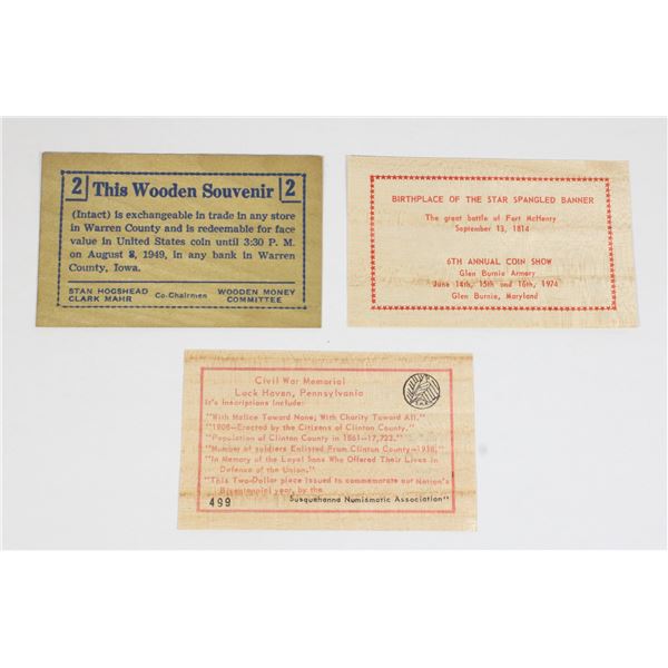 Lot of wooden novelty currency/ tokens including: