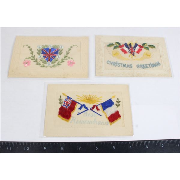 LOT OF 3 POSTCARDS INCLUDING WW1 SILK POSTCARD