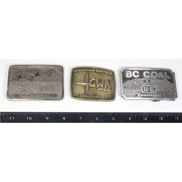 THREE VINAGE BELT BUCKLES INCLUDING BC COAL, AND