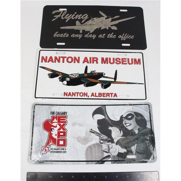 THREE VINTAGE NOVELTY LICENCE PLATES INCLUDING