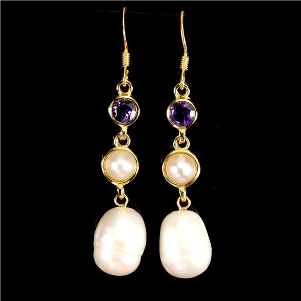 Natural Pearl & Amethyst Earrings