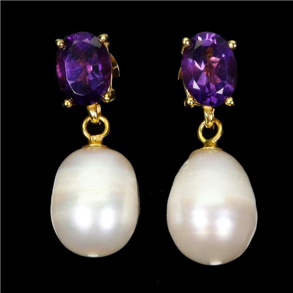 Natural Pearl & Amethyst Earrings