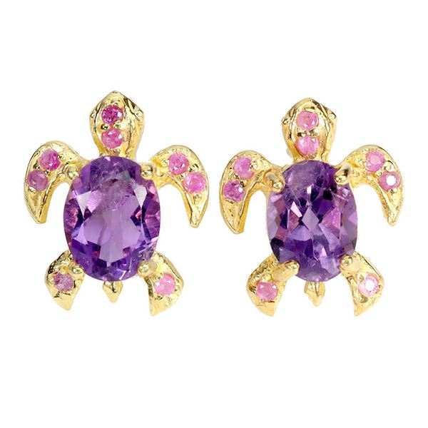 Natural Uruguay Purple Amethyst & Ruby Earrings