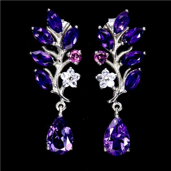 Natural Amethyst Rhodolite Tanzanite Earrings