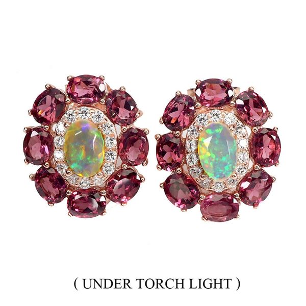Natural Rainbow White Opal & Garnet Earstuds
