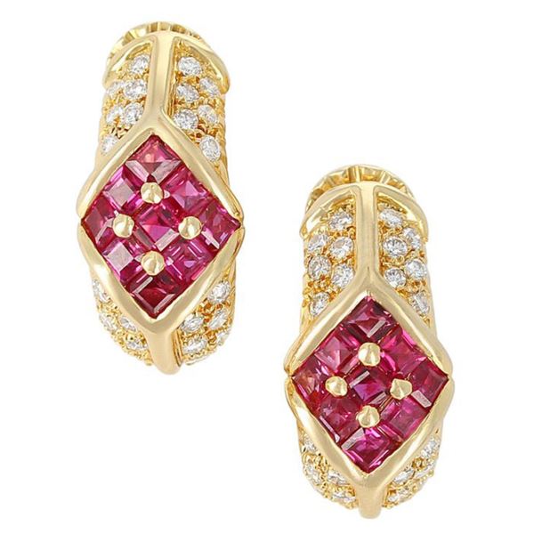 Gold Natural Ruby & Diamonds  Earrings