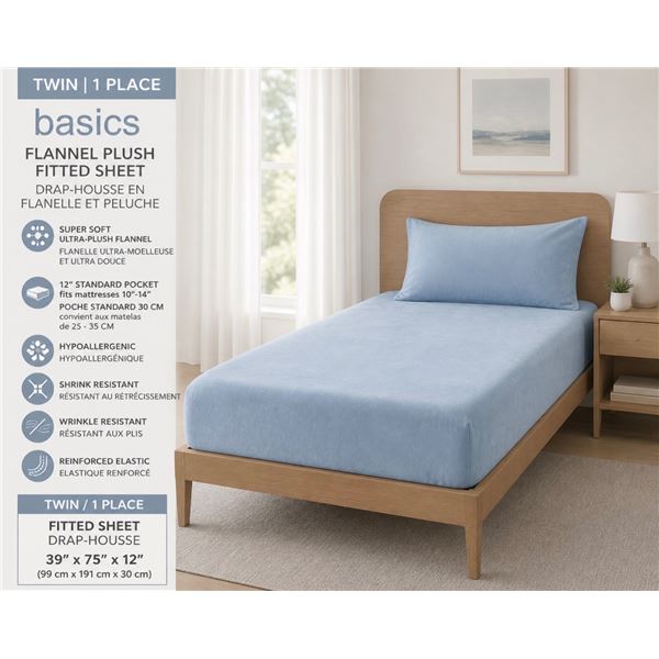 Basics Flanel Plush Fitted Sheet for 12" Standard Pocket Fits 10-14" Mattresses - New