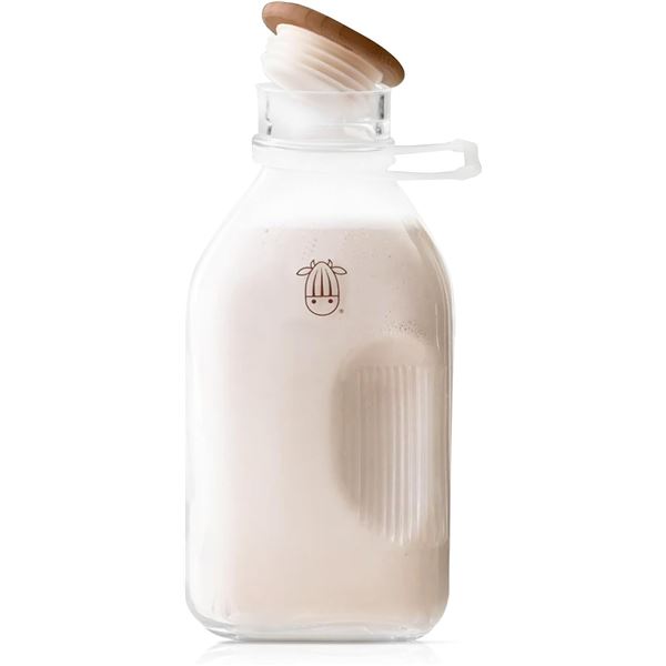 Almond Cow Glass Pitcher/Milk Container with Lid & Spout - Clear Glass Milk Jug (60oz) - New!