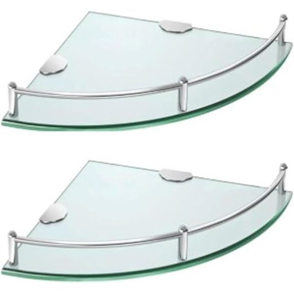 2-Pack Glass Corner Shelves with Hardware for Bathroom; Tempered Glass Shelves with Rail - New