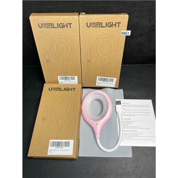 Lot of 3 USB Smart-Voice Activated Night Lights - Pink - New