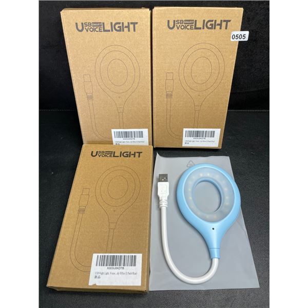 Lot of 3 USB Smart-Voice Activated Night Lights - Blue - New