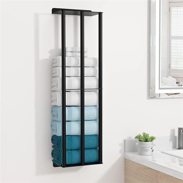 31  Wall-Mounted Towel Storage Rack - Sturdy Metal Shelf for Rolled Towels w/ 3 Vertical Bars - New