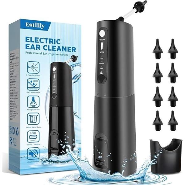 Electric Water-Powered Ear Cleaner Kit for Earwax Removal with 8 Reusable Irrigation Tips - New!