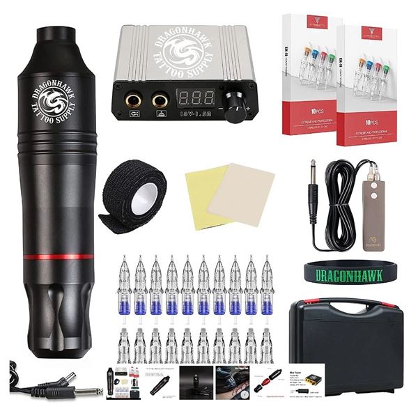 DragonHawk Tattoo Machine Kit - Electric Rotary Tattoo Pen with Cartridge Needles/Power Supply - New