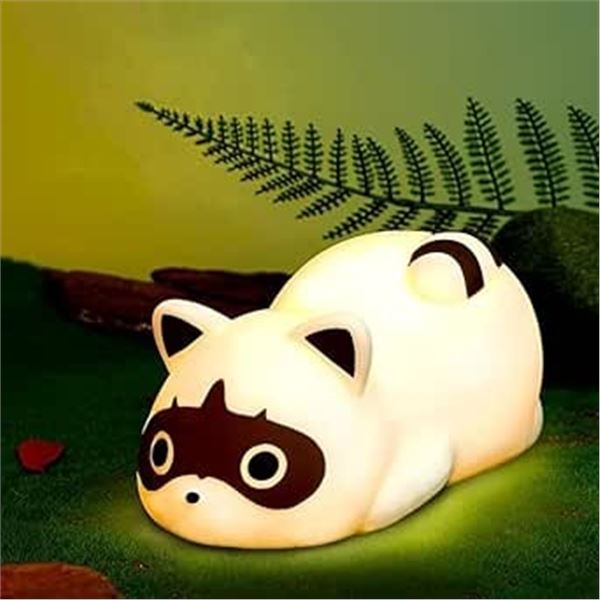 LED Cute Lazy Raccoon Bedside Lamp; Touch Control, Dimmable & Rechargeable - New
