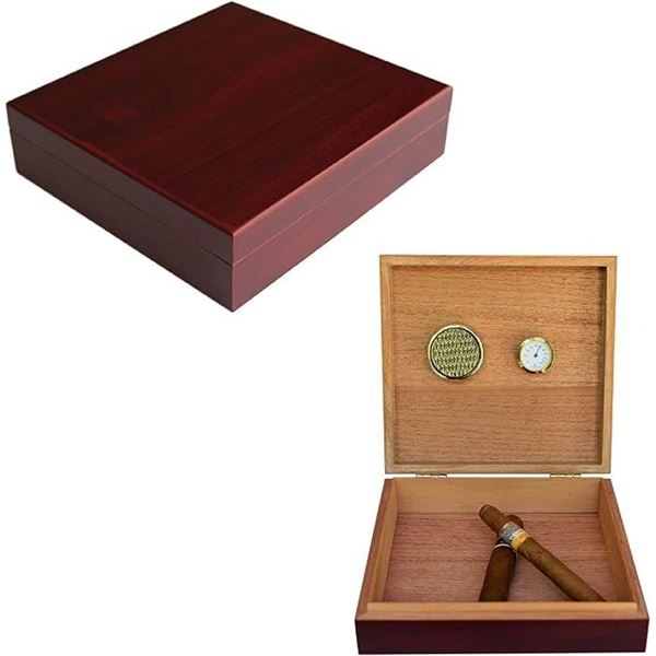 Cherry Finish Spanish Cedar Humidor Box with Magnetic Seal & Humidifier Gel - New