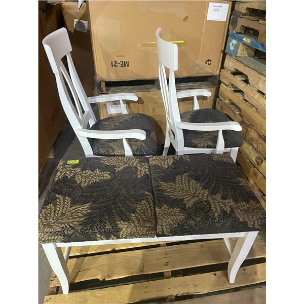 Set of 2 White Dining Chairs with Bench - Upholstered Fabric & White Wood Design - Used/Great Shape
