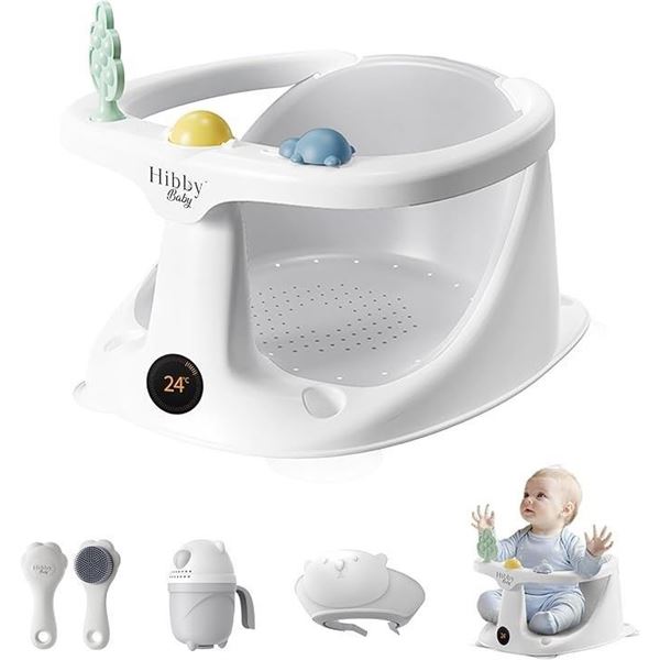 Hibby Baby Bath Seat Set with Integrated Thermometer, Toys, Silicone Hair Brush & Rinse Cup - NEW